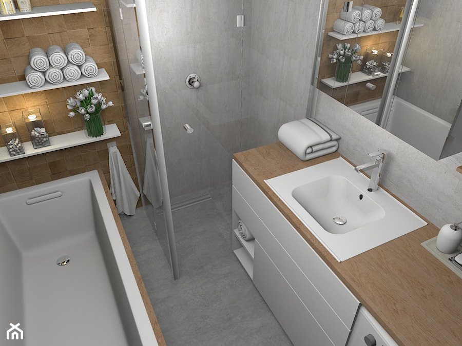 Elegancka szara łazienka z ciepłym drewnem - Mała bez okna z marmurową podłogą łazienka, styl nowoczesny - zdjęcie od Pracownia Kardamon