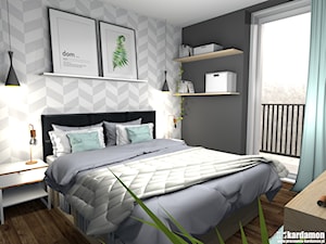 Kolorowe mieszkanie dla młodych z cegłą w kuchni - Średnia biała czarna szara sypialnia - zdjęcie od Pracownia Kardamon