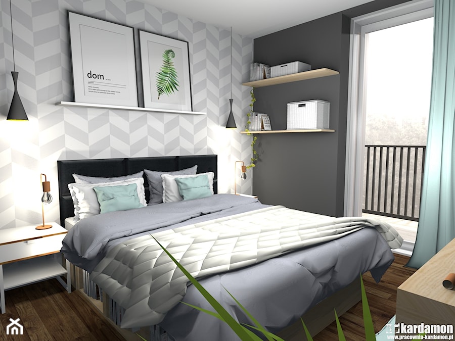Kolorowe mieszkanie dla młodych z cegłą w kuchni - Średnia biała czarna szara sypialnia - zdjęcie od Pracownia Kardamon