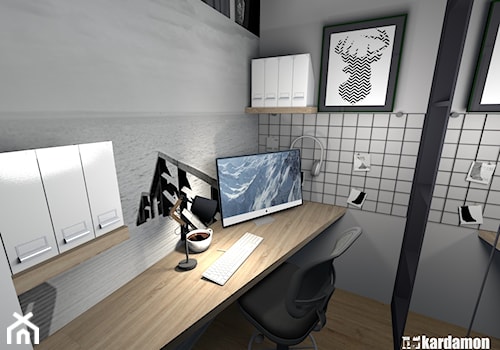 Mieszkanie w Krakowie z charakterem - Małe w osobnym pomieszczeniu z zabudowanym biurkiem szare biuro, styl industrialny - zdjęcie od Pracownia Kardamon