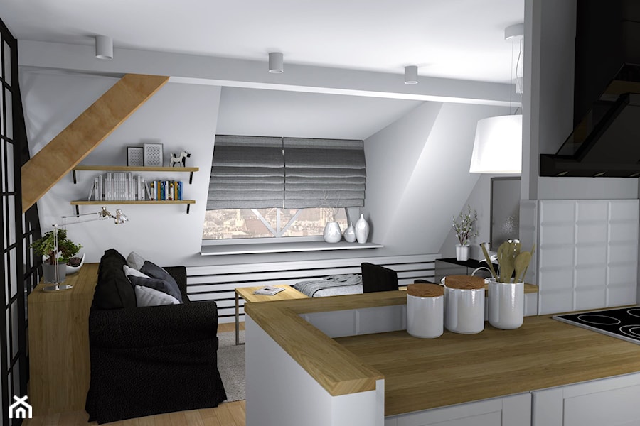 Przytulne mieszkanie na poddaszu - Mały biały salon z kuchnią, styl tradycyjny - zdjęcie od Pracownia Kardamon