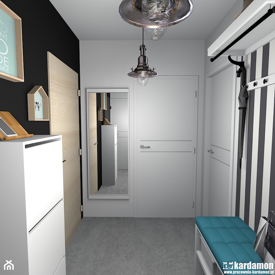 Kolorowe mieszkanie dla młodych z cegłą w kuchni - Średni z wieszakiem biały czarny hol / przedpokój - zdjęcie od Pracownia Kardamon