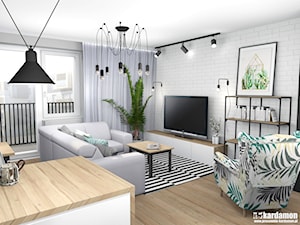 Mieszkanie usłane roślinami - Średni biały salon z kuchnią z tarasem / balkonem z bibiloteczką, styl nowoczesny - zdjęcie od Pracownia Kardamon