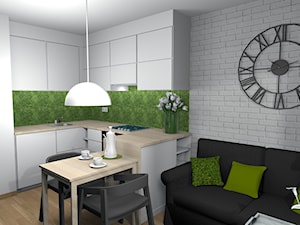Wiosenne 16m2 (salon + kuchnia) - Mała z salonem szara zielona z zabudowaną lodówką z nablatowym zlewozmywakiem kuchnia w kształcie litery l, styl nowoczesny - zdjęcie od Pracownia Kardamon