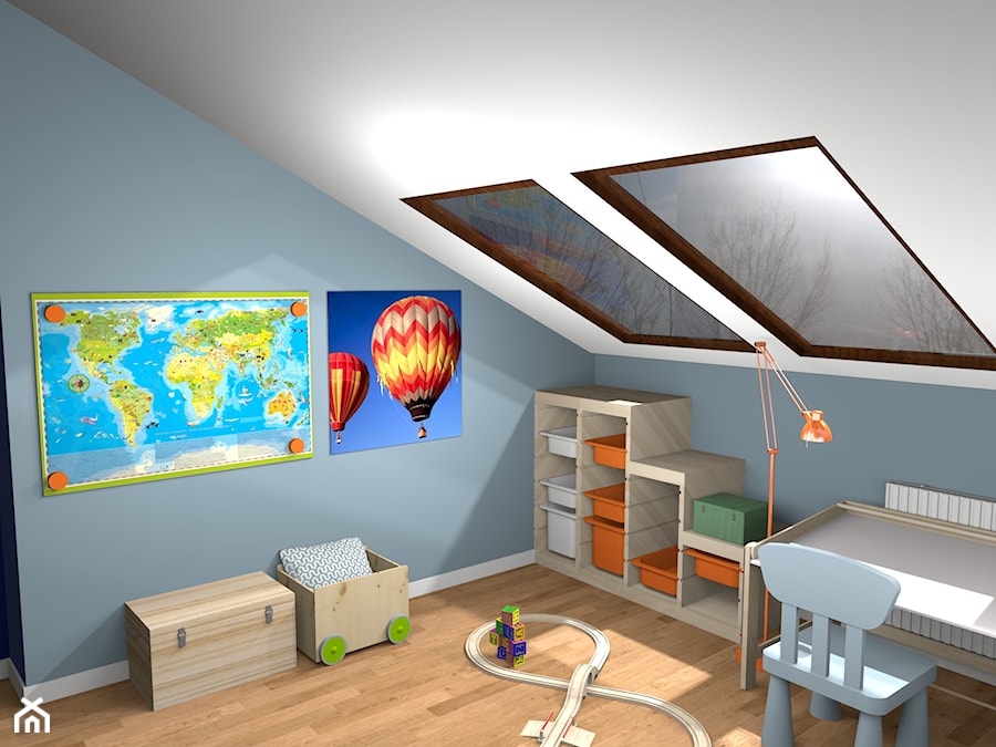 Pokój małego geografa :) - Średni biały niebieski pokój dziecka dla dziecka dla chłopca dla dziewczynki - zdjęcie od Pracownia Kardamon