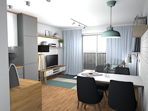Spokojne mieszkanie z mięta i białą cegłą 19m2 - Średnia biała jadalnia w salonie w kuchni, styl skandynawski - zdjęcie od Pracownia Kardamon