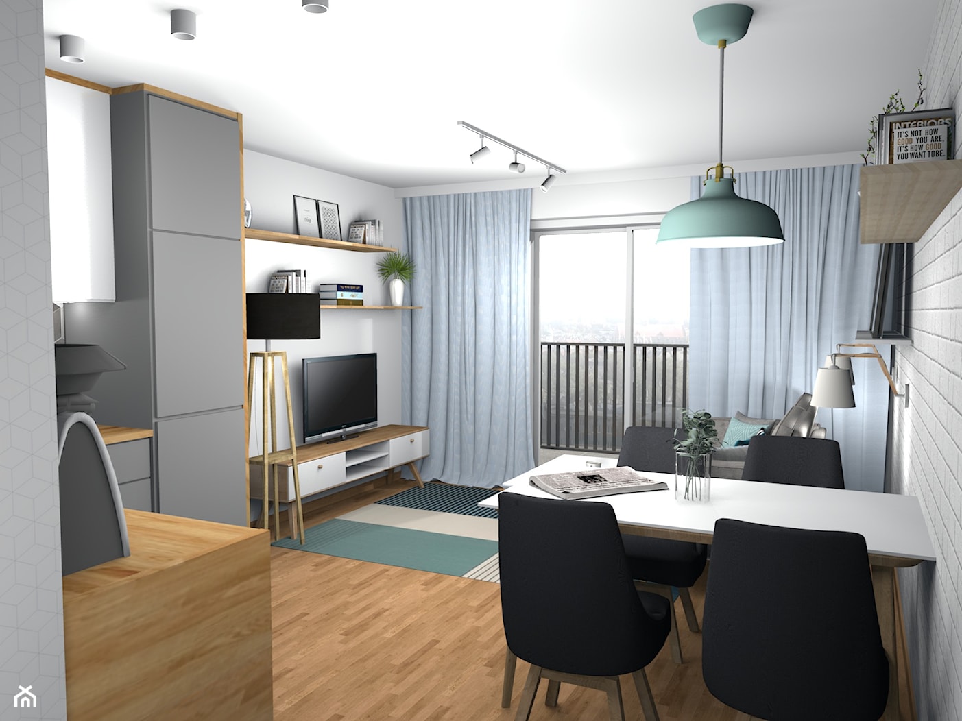 Spokojne mieszkanie z mięta i białą cegłą 19m2 - Średnia biała jadalnia w salonie w kuchni, styl skandynawski - zdjęcie od Pracownia Kardamon - Homebook