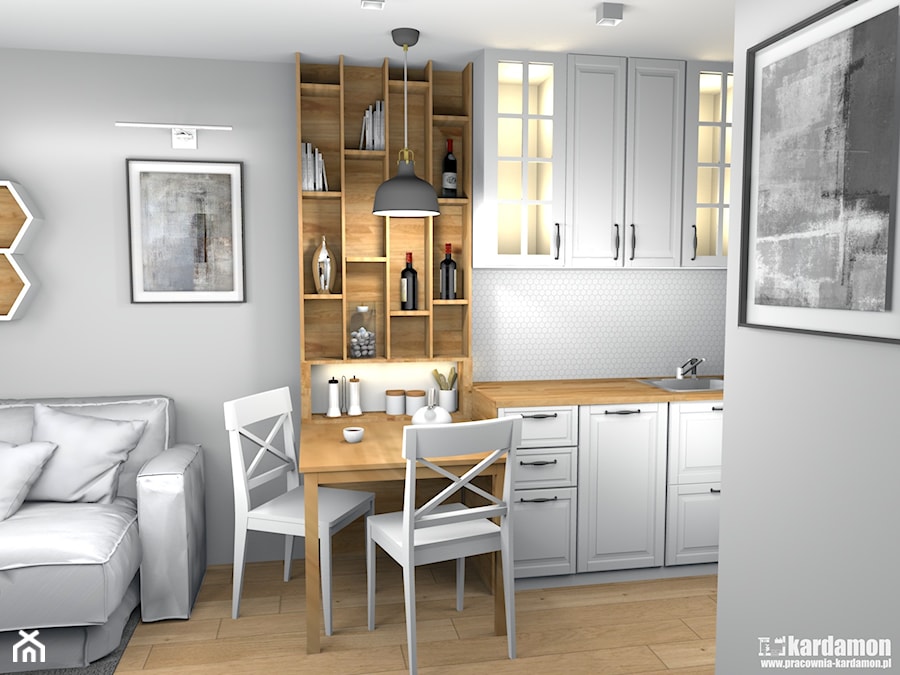 Szczypta domowej sielanki na 35 m2 - Średnia szara jadalnia w salonie w kuchni, styl skandynawski - zdjęcie od Pracownia Kardamon