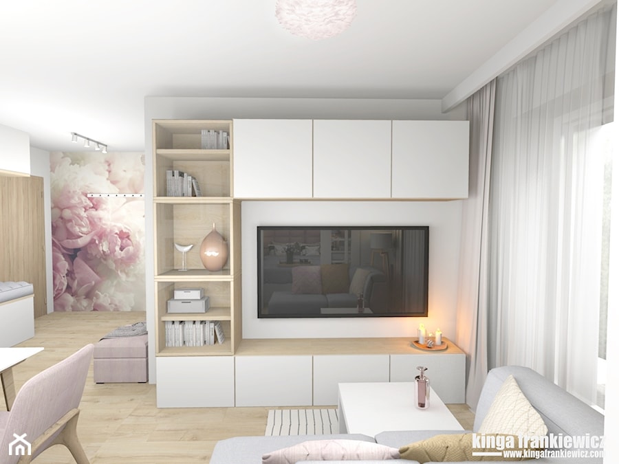 Róże i szarości - kobiece mieszkanie - Salon, styl skandynawski - zdjęcie od Pracownia Kardamon