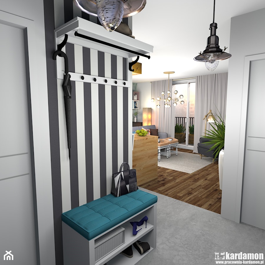 Kolorowe mieszkanie dla młodych z cegłą w kuchni - Średni z wieszakiem biały hol / przedpokój - zdjęcie od Pracownia Kardamon