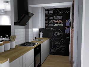 Przytulne mieszkanie na poddaszu - Średnia zamknięta szara z zabudowaną lodówką z nablatowym zlewozmywakiem kuchnia jednorzędowa, styl skandynawski - zdjęcie od Pracownia Kardamon