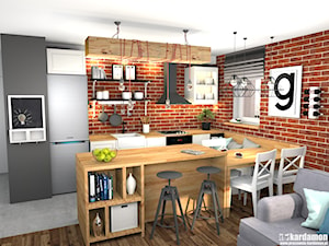 Kolorowe mieszkanie dla młodych z cegłą w kuchni - Duża otwarta z salonem z zabudowaną lodówką z nablatowym zlewozmywakiem kuchnia w kształcie litery u z oknem - zdjęcie od Pracownia Kardamon