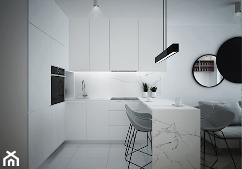 A/SPL/4/18 - Mała otwarta z salonem biała z zabudowaną lodówką z podblatowym zlewozmywakiem kuchnia w kształcie litery u z marmurem nad blatem kuchennym, styl nowoczesny - zdjęcie od Kaza_concept