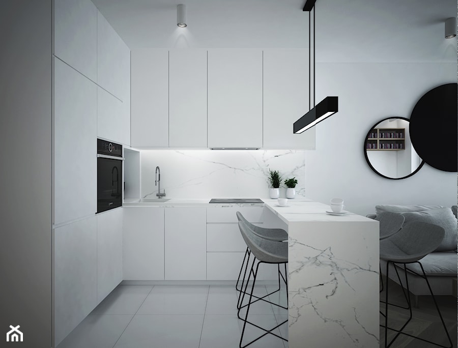A/SPL/4/18 - Mała otwarta z salonem biała z zabudowaną lodówką z podblatowym zlewozmywakiem kuchnia w kształcie litery u z marmurem nad blatem kuchennym, styl nowoczesny - zdjęcie od Kaza_concept