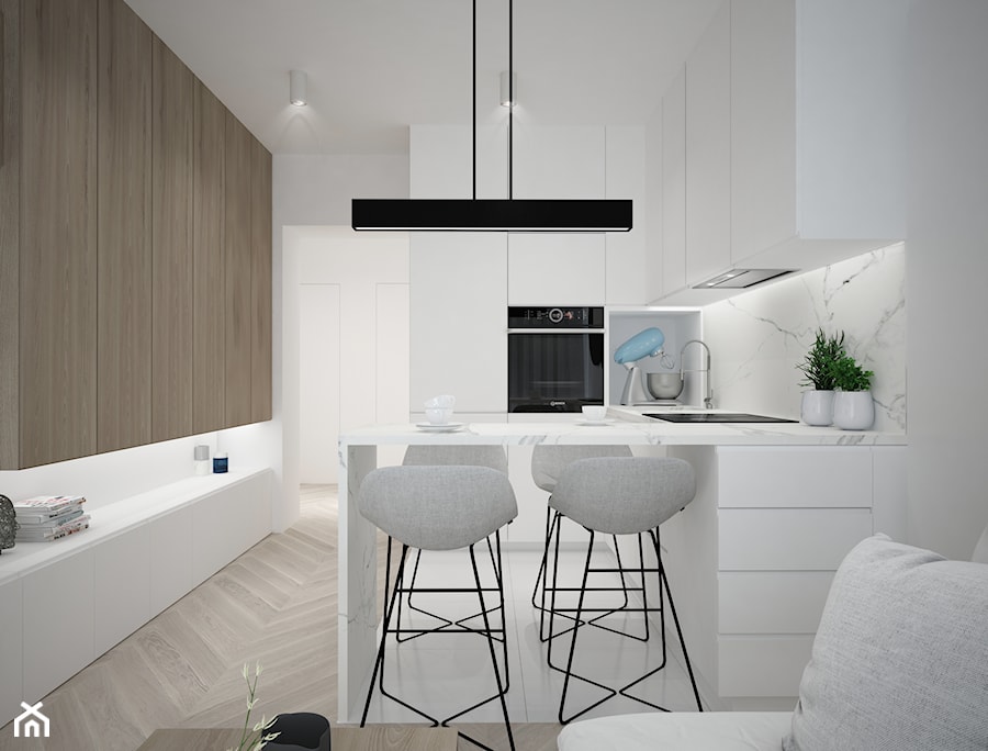 A/SPL/4/18 - Mały biały salon z kuchnią z jadalnią, styl nowoczesny - zdjęcie od Kaza_concept