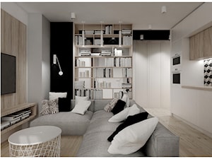 M3 dla czwórki. - Mały biały czarny salon z kuchnią, styl nowoczesny - zdjęcie od Kaza_concept