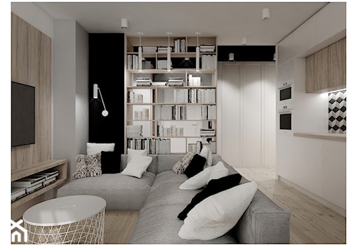 M3 dla czwórki. - Mały biały czarny salon z kuchnią, styl nowoczesny - zdjęcie od Kaza_concept
