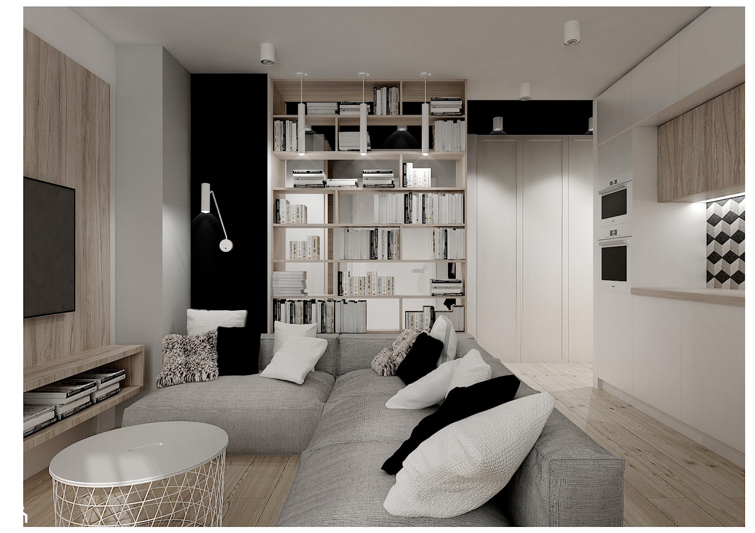 M3 dla czwórki. - Mały biały czarny salon z kuchnią, styl nowoczesny - zdjęcie od Kaza_concept - Homebook