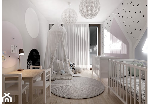 M3 dla czwórki. - Duży biały szary pokój dziecka dla niemowlaka dla chłopca dla dziewczynki dla rodzeństwa, styl nowoczesny - zdjęcie od Kaza_concept