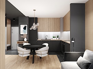 AW/ML/2019 - Średnia otwarta z salonem biała szara z zabudowaną lodówką z nablatowym zlewozmywakiem kuchnia w kształcie litery l, styl nowoczesny - zdjęcie od Kaza_concept