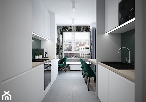 A/PK/6/18 - Średnia otwarta szara zielona z zabudowaną lodówką z nablatowym zlewozmywakiem kuchnia dwurzędowa z oknem, styl nowoczesny - zdjęcie od Kaza_concept