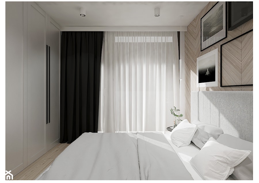 M3 dla czwórki. - Mała biała sypialnia z balkonem / tarasem, styl nowoczesny - zdjęcie od Kaza_concept
