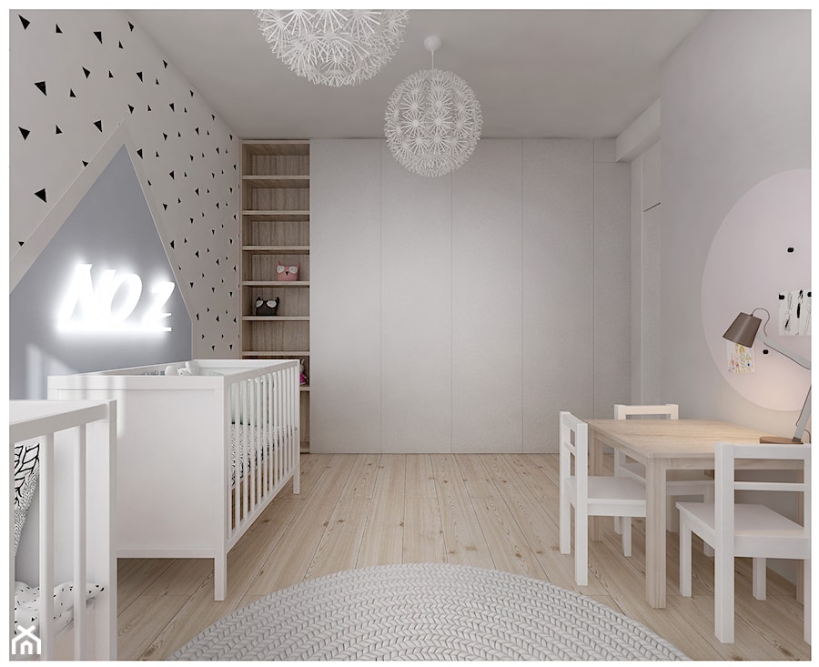 M3 dla czwórki. - Średni szary pokój dziecka dla niemowlaka dla chłopca dla dziewczynki dla rodzeństwa, styl nowoczesny - zdjęcie od Kaza_concept