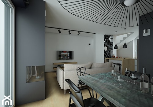 Projekt Wiklinowa Dolina, mieszkanie 90m2 - Średnia czarna szara jadalnia w salonie - zdjęcie od MArker Studio