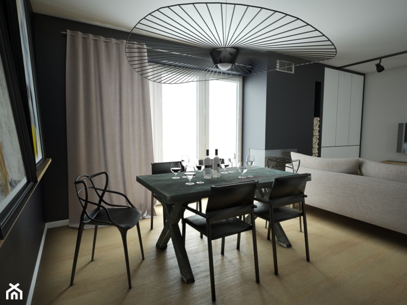 Projekt Wiklinowa Dolina, mieszkanie 90m2 - Średnia czarna szara jadalnia w salonie - zdjęcie od MArker Studio - Homebook