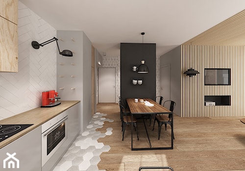 Apartament Śródmieście - Duża otwarta z salonem biała z zabudowaną lodówką kuchnia w kształcie litery l, styl skandynawski - zdjęcie od Krystyna Regulska Architektura Wnętrz