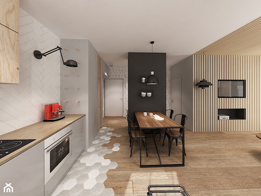 Apartament Śródmieście - Duża otwarta z salonem biała z zabudowaną lodówką kuchnia w kształcie litery l, styl skandynawski - zdjęcie od Krystyna Regulska Architektura Wnętrz