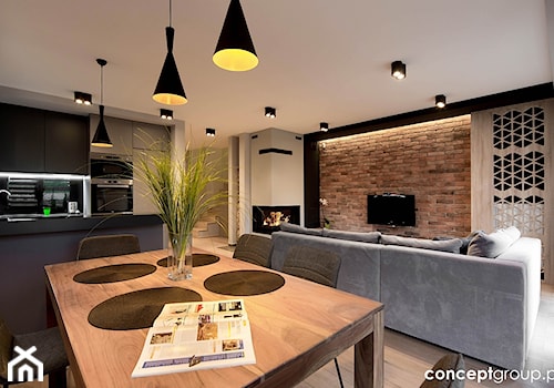 Dom w Rudzie Śląskiej - Realizacja - Średnia beżowa szara jadalnia w salonie w kuchni, styl nowocze ... - zdjęcie od Conceptgroup