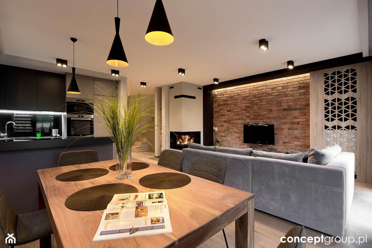 Dom w Rudzie Śląskiej - Realizacja - Średnia beżowa szara jadalnia w salonie w kuchni, styl nowocze ... - zdjęcie od Conceptgroup - Homebook