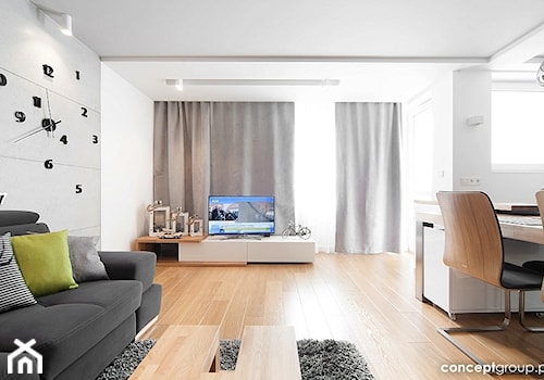 Mieszkanie w Chorzowie - Realizacja - Duży biały szary salon, styl nowoczesny - zdjęcie od Conceptgroup