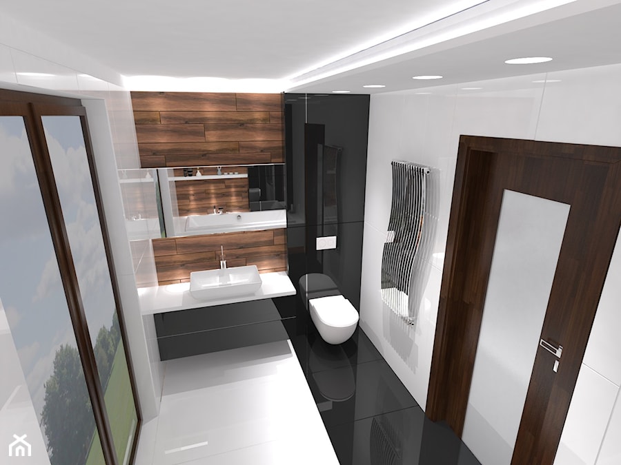 Łazienka Biel czerń drewno - Średnia łazienka z oknem, styl nowoczesny - zdjęcie od Inside Outside Design