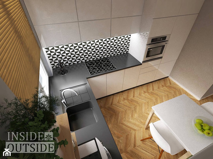 Metamorfoza małej kuchni - Średnia zamknięta szara z zabudowaną lodówką z podblatowym zlewozmywakiem kuchnia w kształcie litery l, styl nowoczesny - zdjęcie od Inside Outside Design