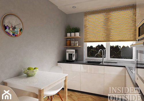 Metamorfoza małej kuchni - Średnia zamknięta szara z zabudowaną lodówką z nablatowym zlewozmywakiem kuchnia w kształcie litery l, styl minimalistyczny - zdjęcie od Inside Outside Design