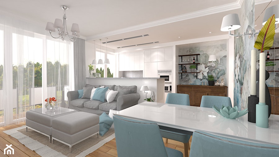 Mały apartament w Tychach - Mała biała szara jadalnia w salonie, styl nowoczesny - zdjęcie od Inside Outside Design