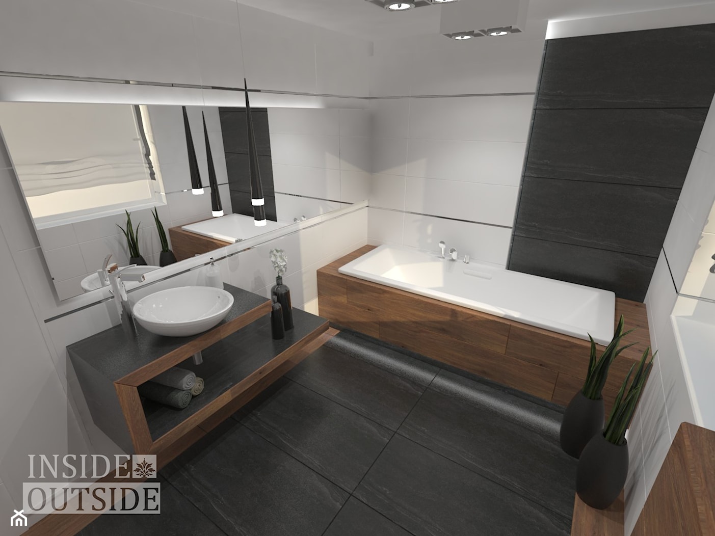 Czarno biała łazienka z dodatkiem drewna - Średnia jako pokój kąpielowy z punktowym oświetleniem łazienka z oknem, styl nowoczesny - zdjęcie od Inside Outside Design - Homebook