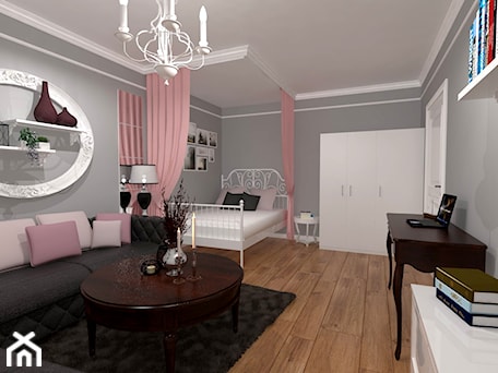 Aranżacje wnętrz - Salon: Przytulny, kobiecy salon w kawalerce - Salon, styl glamour - Inside Outside Design. Przeglądaj, dodawaj i zapisuj najlepsze zdjęcia, pomysły i inspiracje designerskie. W bazie mamy już prawie milion fotografii!