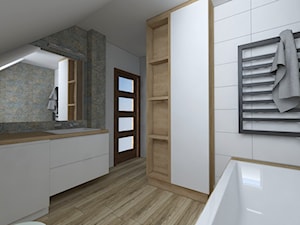Projekt łazienki na poddaszu - Mała na poddaszu z lustrem łazienka z oknem, styl nowoczesny - zdjęcie od IM WNĘTRZA | Projektowanie wnętrz