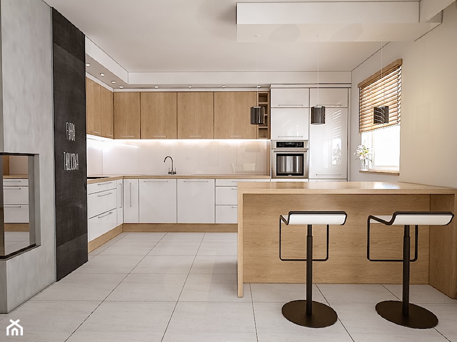 PROJEKTY KUCHNI - Duża otwarta z salonem beżowa z zabudowaną lodówką kuchnia w kształcie litery g z kompozytem na ścianie nad blatem kuchennym, styl nowoczesny - zdjęcie od IM WNĘTRZA | Projektowanie wnętrz