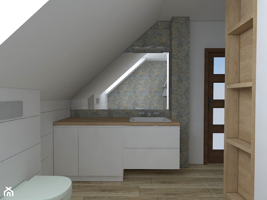 Projekt łazienki na poddaszu - Średnia na poddaszu z lustrem łazienka z oknem, styl nowoczesny - zdjęcie od IM WNĘTRZA | Projektowanie wnętrz