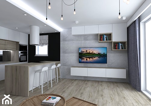 Projekt niedużego mieszkania - Średni biały czarny salon z kuchnią z jadalnią, styl nowoczesny - zdjęcie od IM WNĘTRZA | Projektowanie wnętrz
