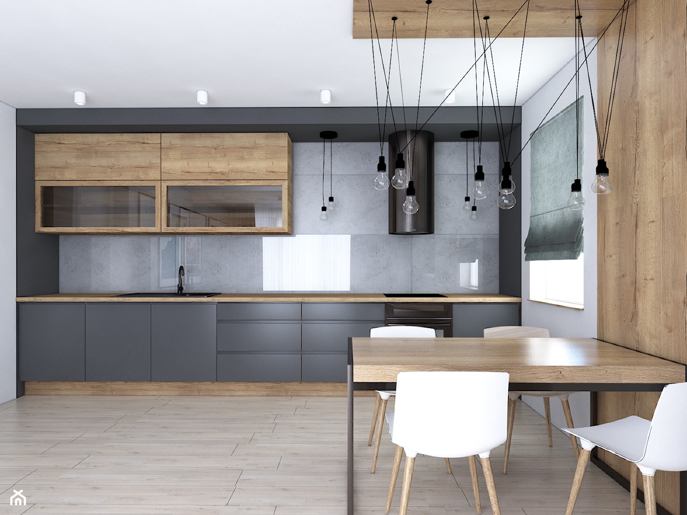 Kuchnia w szarościach i drewnie - Średnia biała czarna z zabudowaną lodówką kuchnia jednorzędowa, styl nowoczesny - zdjęcie od IM WNĘTRZA | Projektowanie wnętrz - Homebook