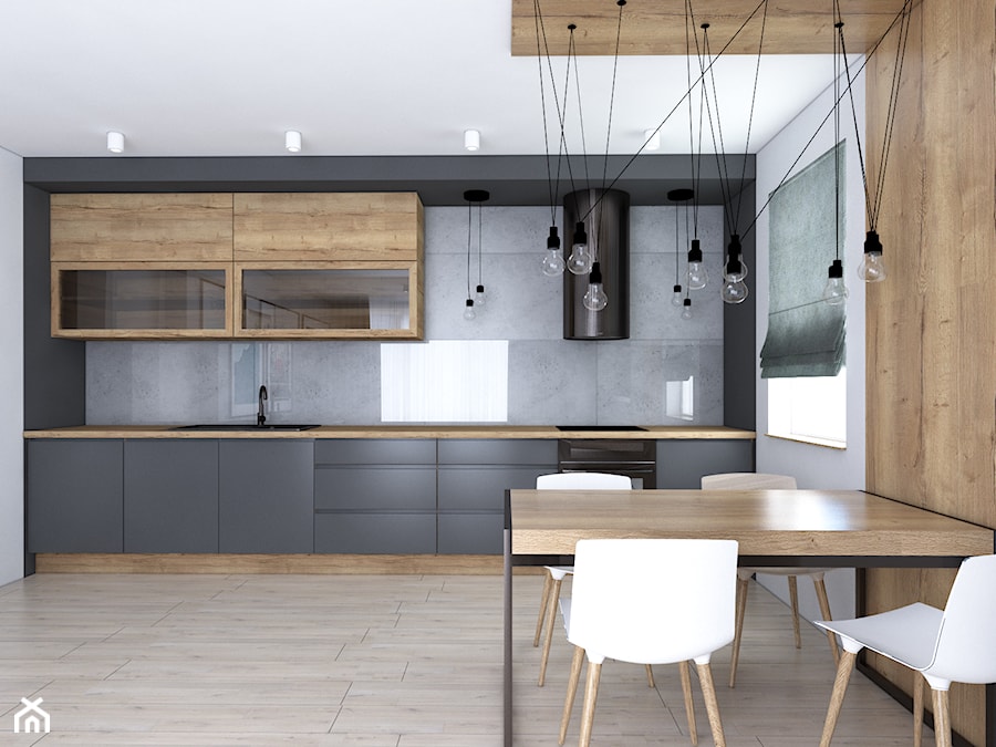 Kuchnia w szarościach i drewnie - Średnia biała czarna z zabudowaną lodówką kuchnia jednorzędowa, styl nowoczesny - zdjęcie od IM WNĘTRZA | Projektowanie wnętrz