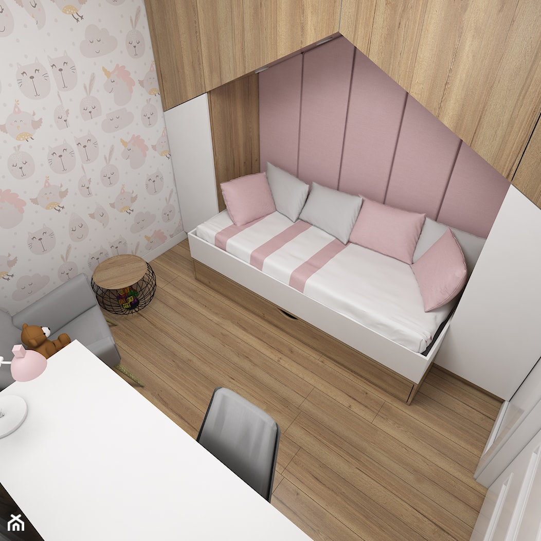 Projekt małego pokoju dla dziewczynki - Mały biały różowy pokój dziecka dla nastolatka dla dziewczynki, styl nowoczesny - zdjęcie od IM WNĘTRZA | Projektowanie wnętrz - Homebook