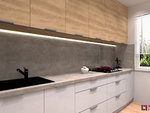 Kuchnia #29 - Średnia zamknięta z kamiennym blatem biała szara z zabudowaną lodówką z nablatowym zlewozmywakiem kuchnia jednorzędowa z oknem, styl minimalistyczny - zdjęcie od Art.studio