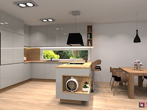 Wizualizacje projektowe kuchni - Duża otwarta szara kuchnia w kształcie litery u z oknem, styl nowo ... - zdjęcie od Art.studio