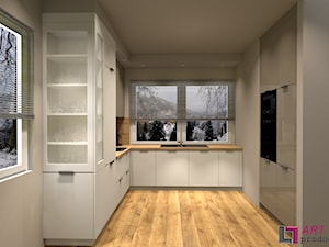 Wizualizacje projektowe kuchni - Duża zamknięta szara z zabudowaną lodówką z nablatowym zlewozmywakiem kuchnia w kształcie litery u z oknem, styl nowoczesny - zdjęcie od Art.studio